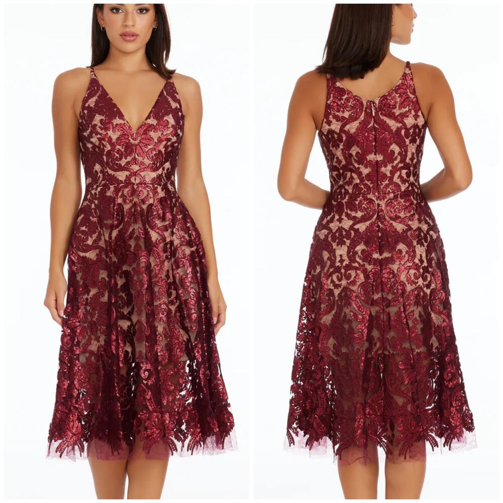 Dress The Population NWT Blair Embellished Fit & Flare Dress Size XS Berry Nude